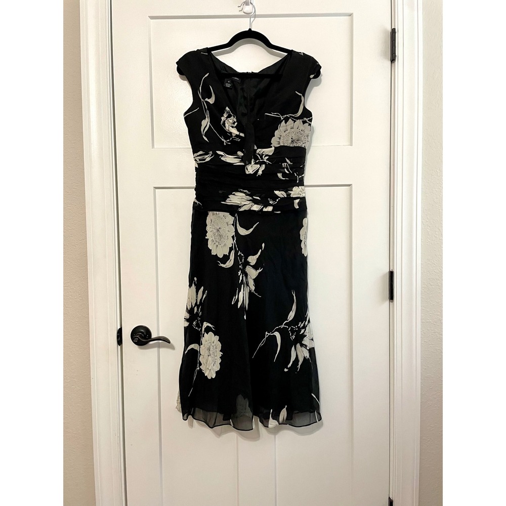 Silk Jones New York Black Floral Ruched Midi Dress Y2K - Picture 2 of 8